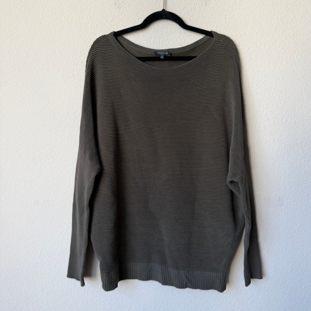 Lafayette 148 Olive Ribbed Bateau Neck Sweater Top Size L